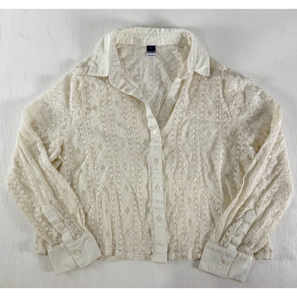 Old Navy Ivory Lace Button Up Blouse Woman's Size‎ S Cropped